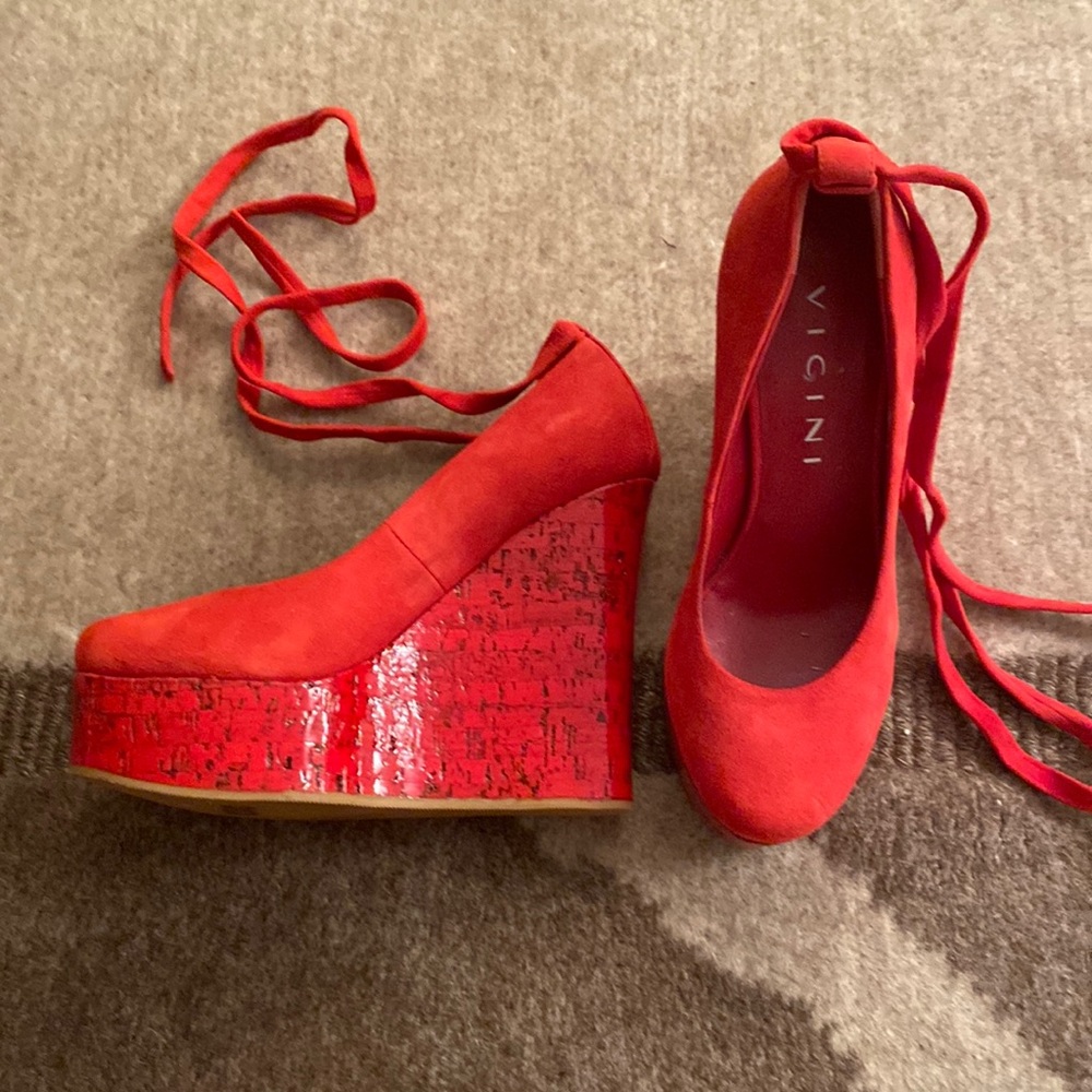 Vicini Red suede ankle wrap wedges with a 5 inch heel Moana half inch platform
